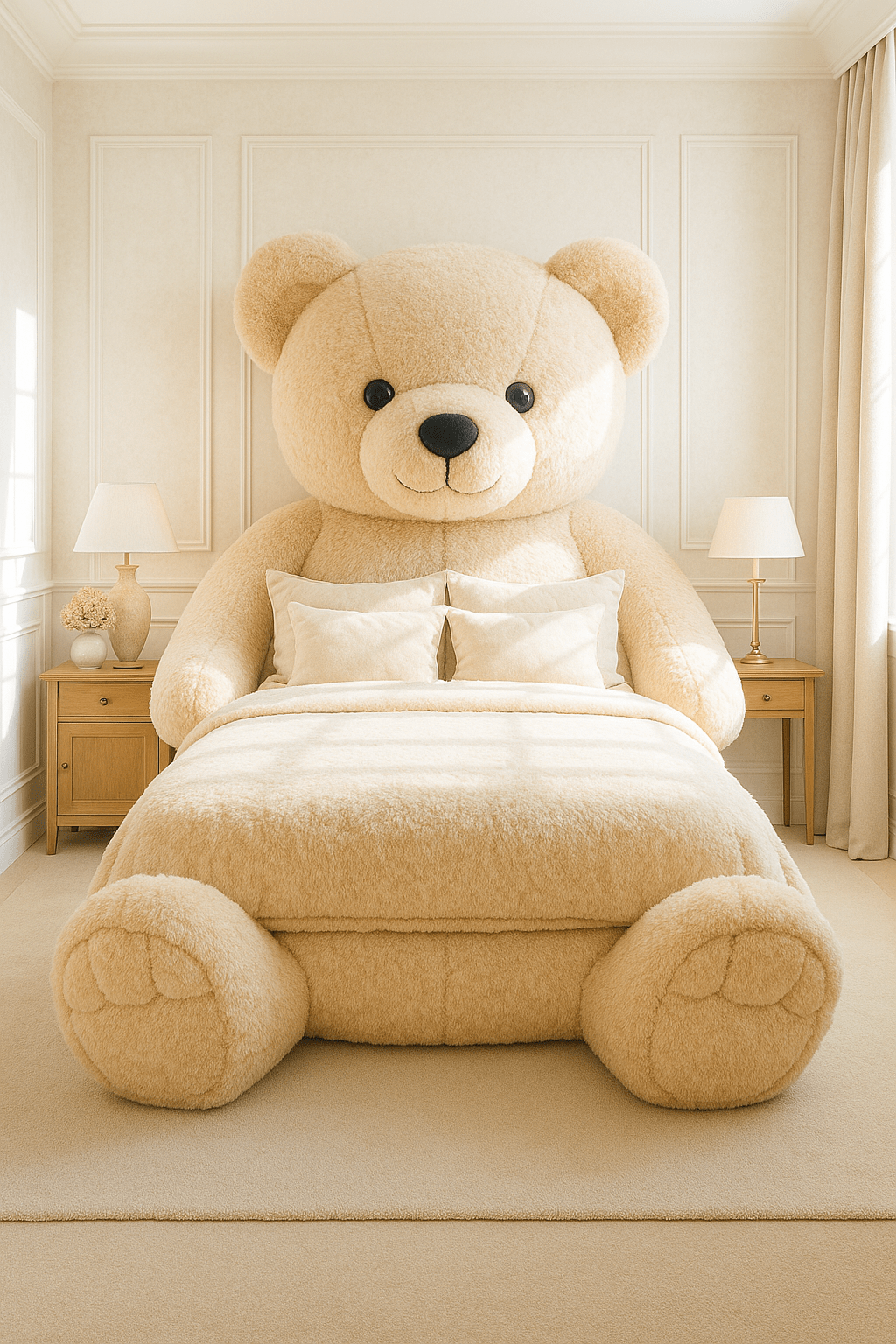 A beige oversized teddy bear bed with plush design in a neutral, softly lit bedroom.