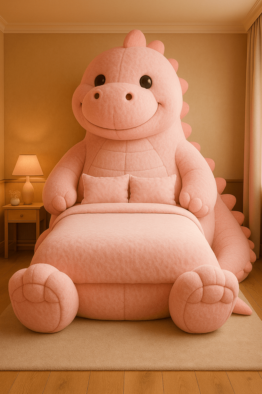 Pink dinosaur-themed statement bed with plush fabric and soft cushions in a modern bedroom.