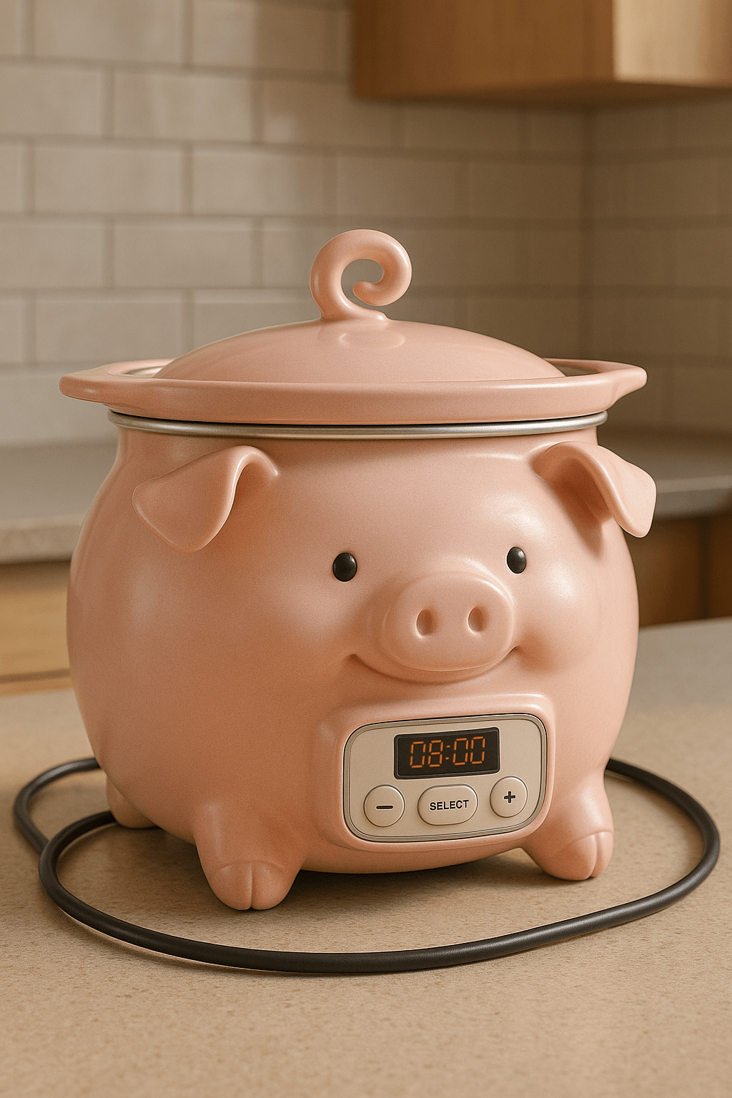 Pink pig-shaped slow cooker with digital controls, fun and practical kitchen appliance