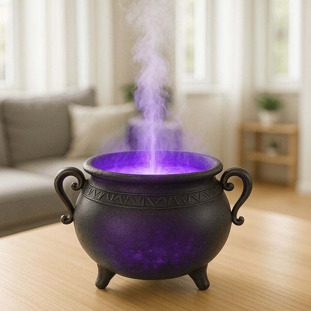 A black cauldron-shaped diffuser emitting purple mist in a modern living room.