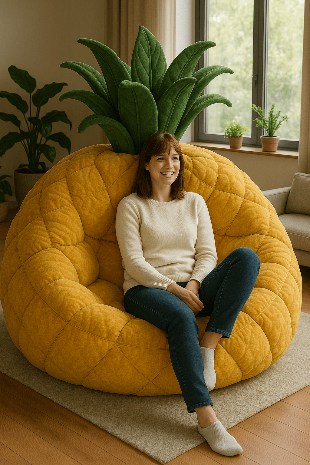 Woman sitting on a large pineapple-shaped armchair with green crown leaves in a modern living room.