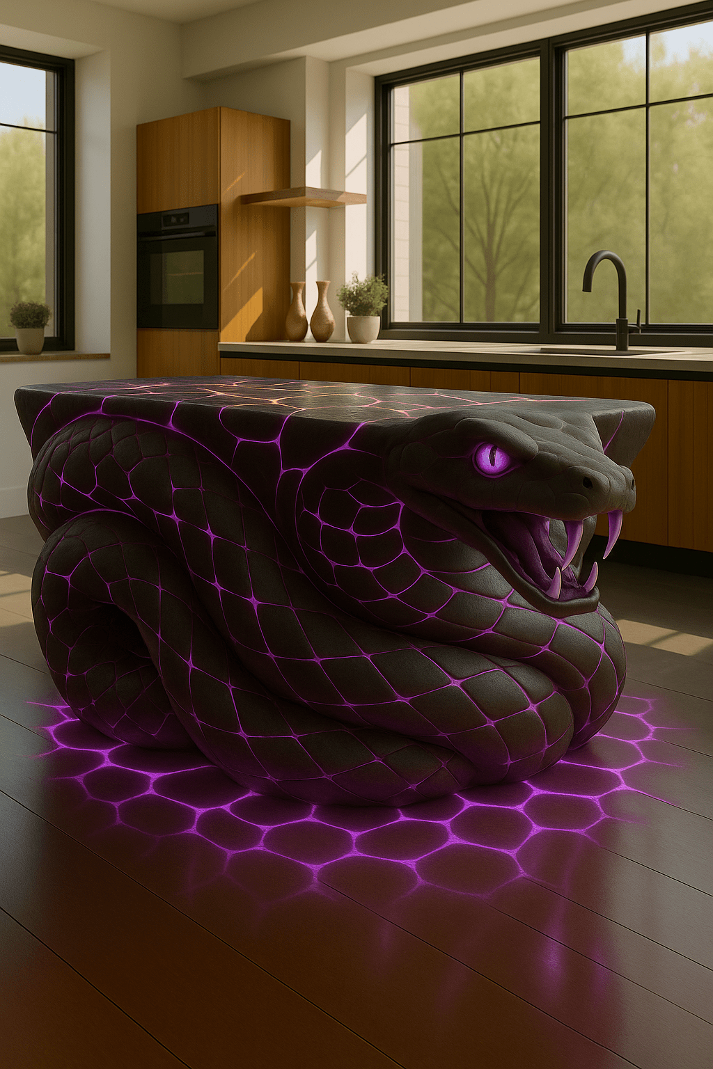 Mystical violet glowing snake kitchen island as bold centrepiece in contemporary kitchen.