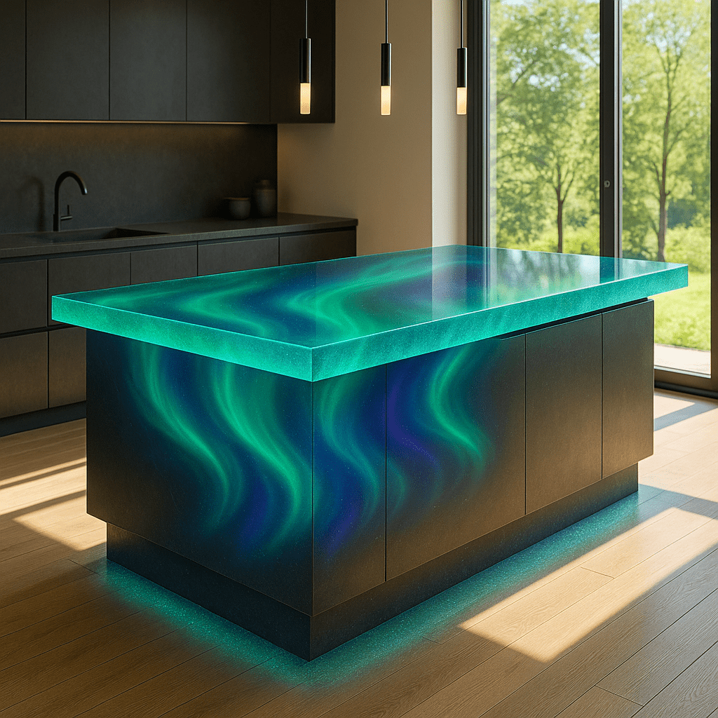 A rectangular kitchen island with glowing turquoise and green aurora wave patterns.