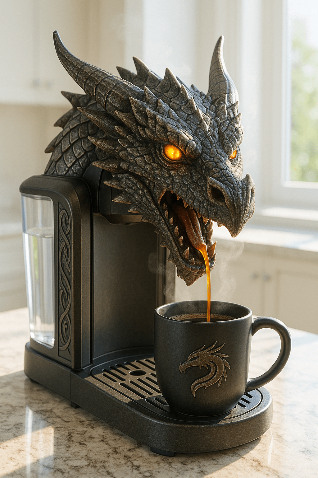 A black dragon coffee machine with glowing orange eyes pouring hot coffee into a dragon-emblem mug.