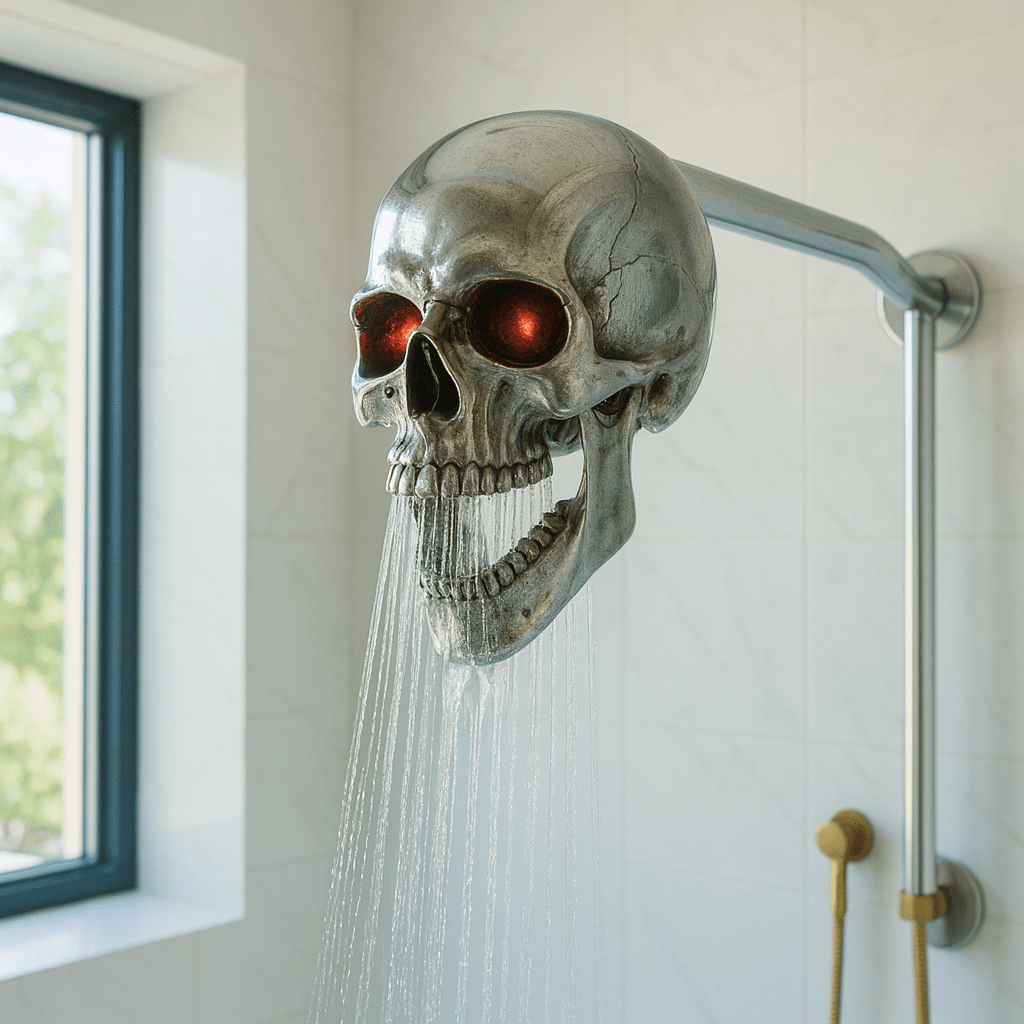 A silver skull-shaped shower head with glowing red eyes, mounted in a modern bathroom.