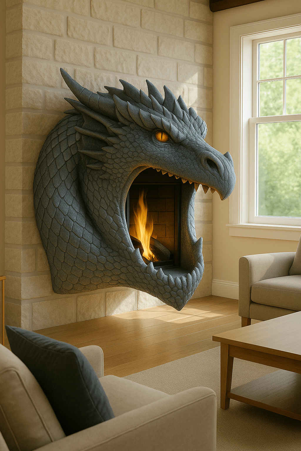 Grey dragon head fireplace with glowing amber eyes and flames inside the mouth