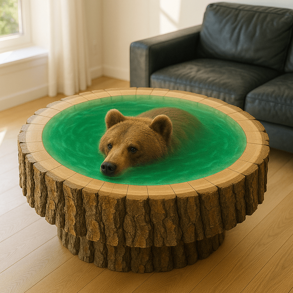 Bear coffee table with realistic bear head floating in green resin water, rustic wood base.