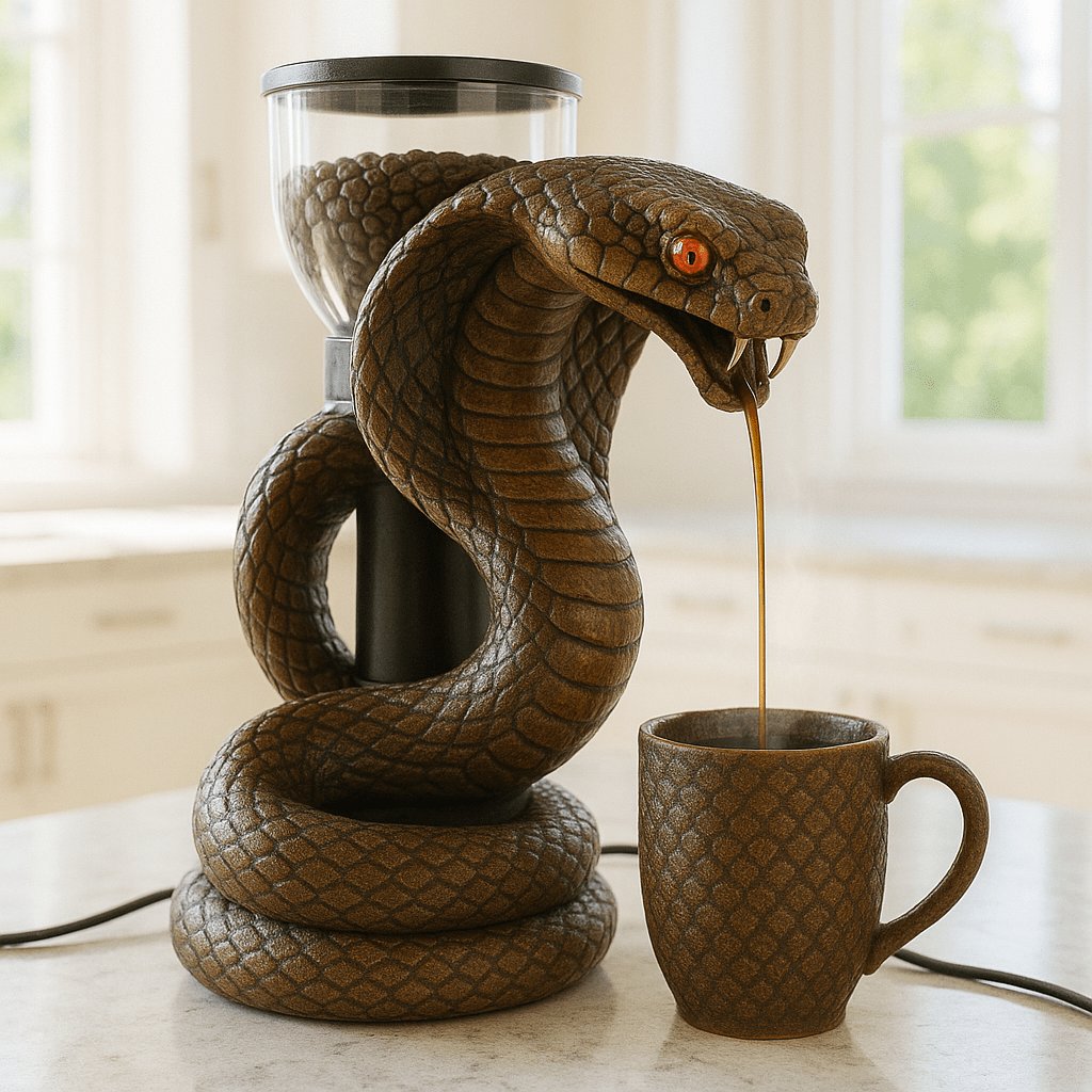 Dark brown cobra-inspired coffee maker with glowing red eyes, pouring coffee into a matching textured mug.