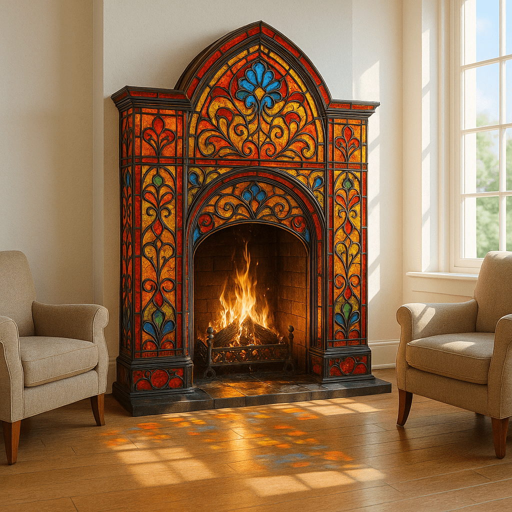 Colourful stained glass fireplace with red, gold, and blue Gothic patterns glowing with firelight.