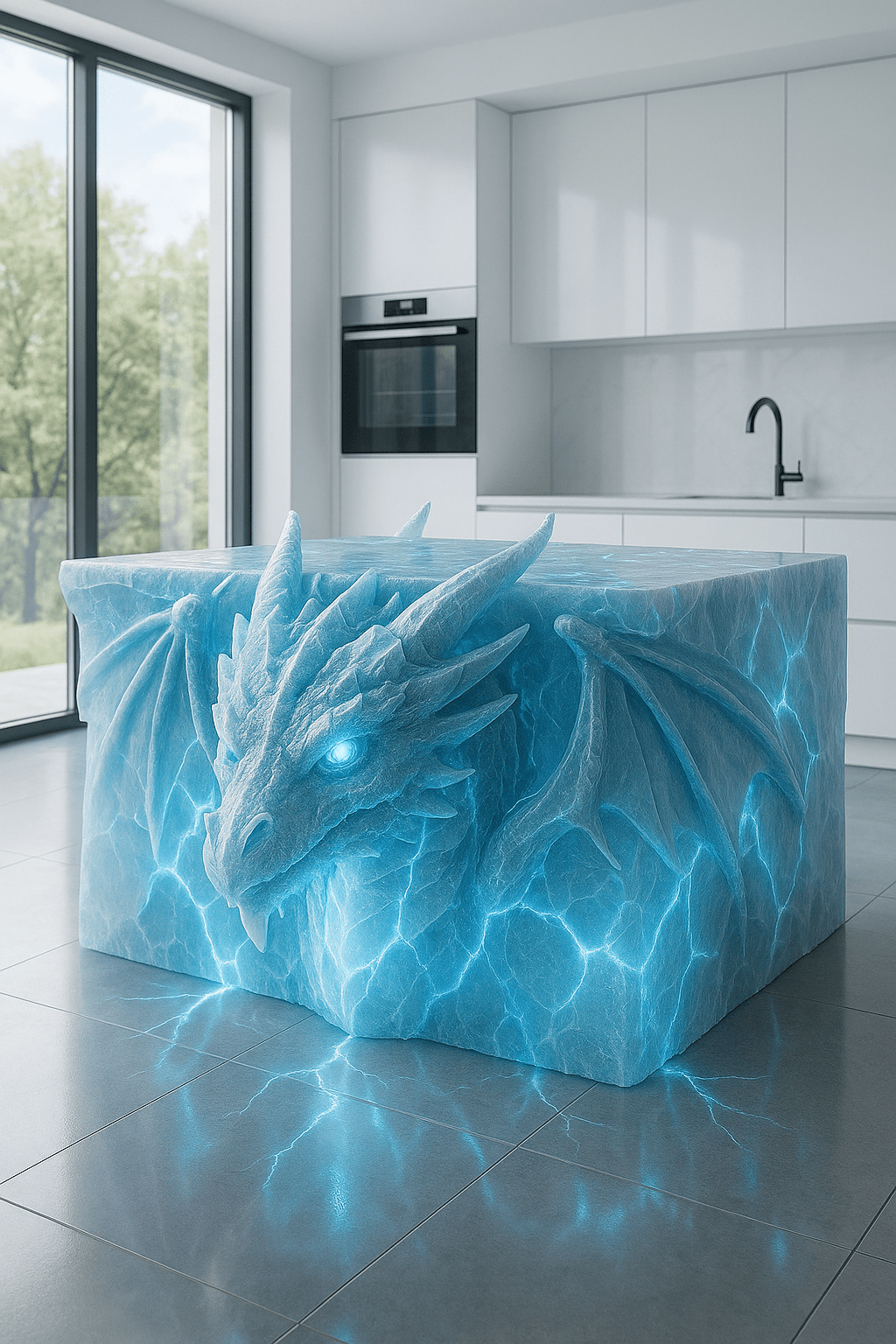 Modern kitchen featuring a frosted blue dragon kitchen island with glowing eyes and icy light veins.
