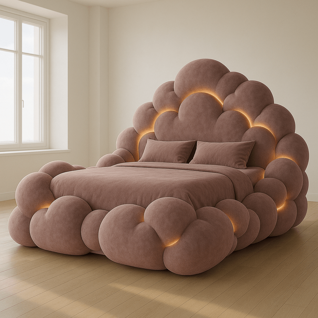 Luxury cloud bed in deep terracotta with soft glowing lights in a modern minimalist bedroom.