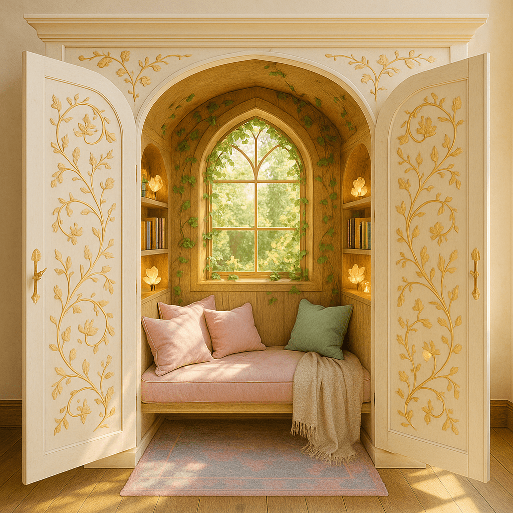 Light enchanted reading nook with golden floral cabinet doors, ivy accents, and pastel cushions.