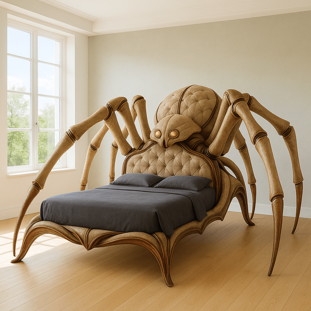 Oversized golden beige spider-shaped bed with plush upholstery in a modern bedroom