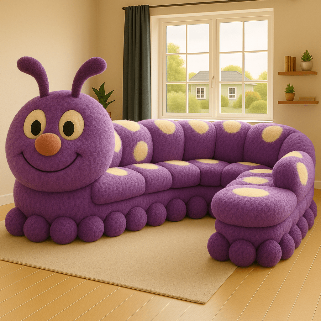A whimsical purple caterpillar sofa with cream spots in a bright living room.