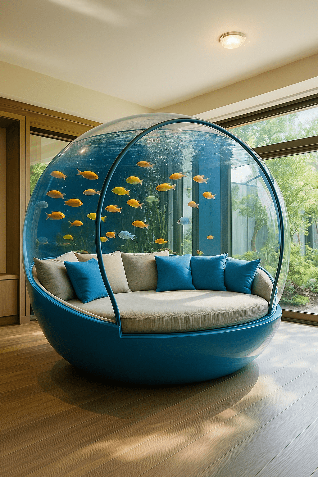 Luxury blue aquarium lounger pod with tropical fish and blue cushions in a modern living space.