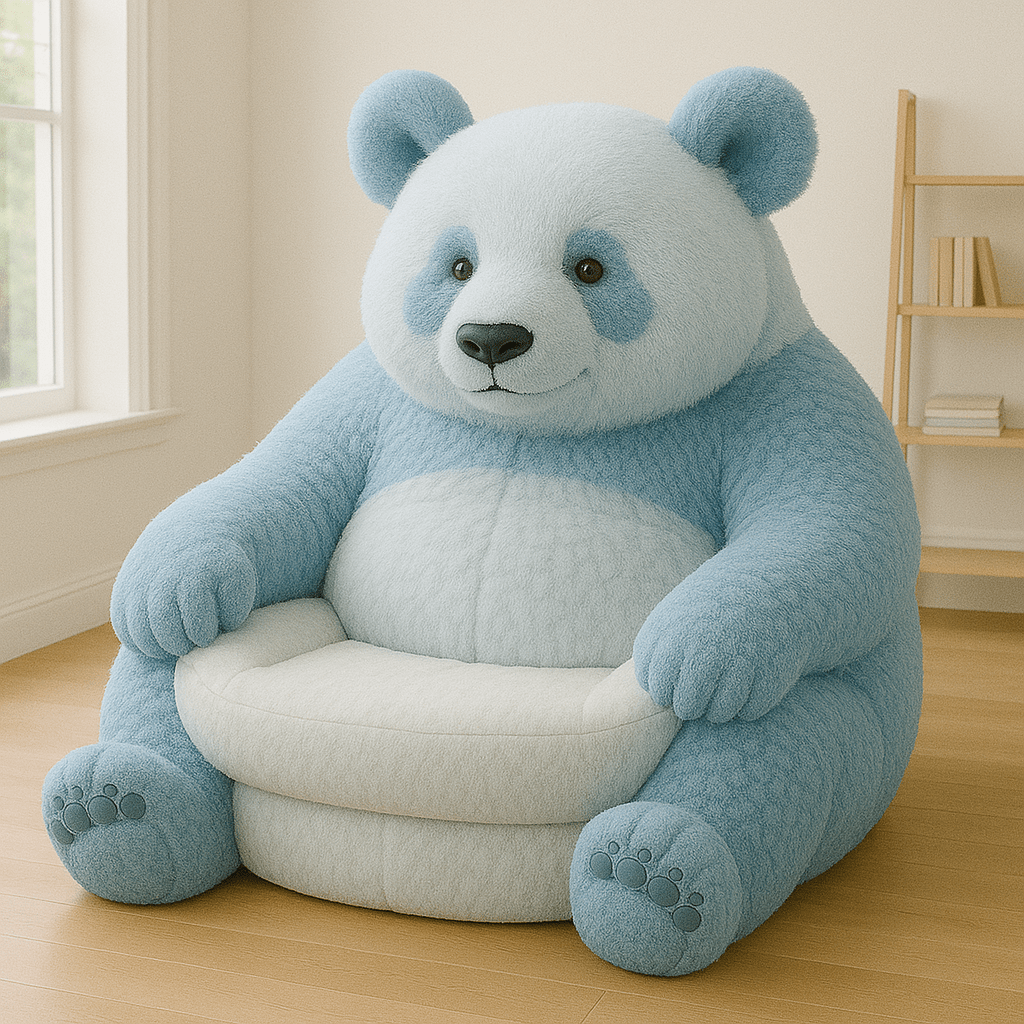 Oversized blue panda armchair with soft white seat in a modern room.