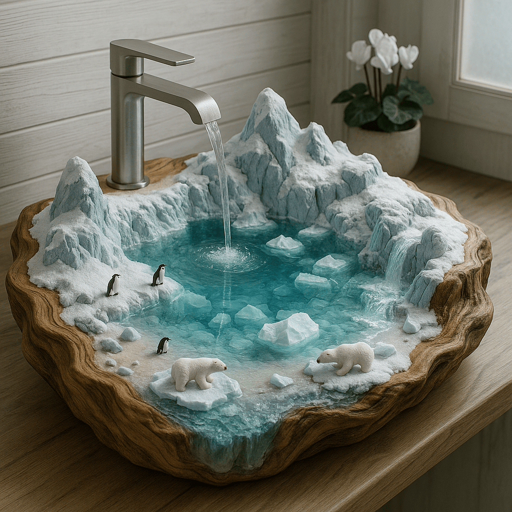 A fantasy bathroom sink styled as an Arctic scene with snowy mountains, polar bears, penguins, and icy blue water
