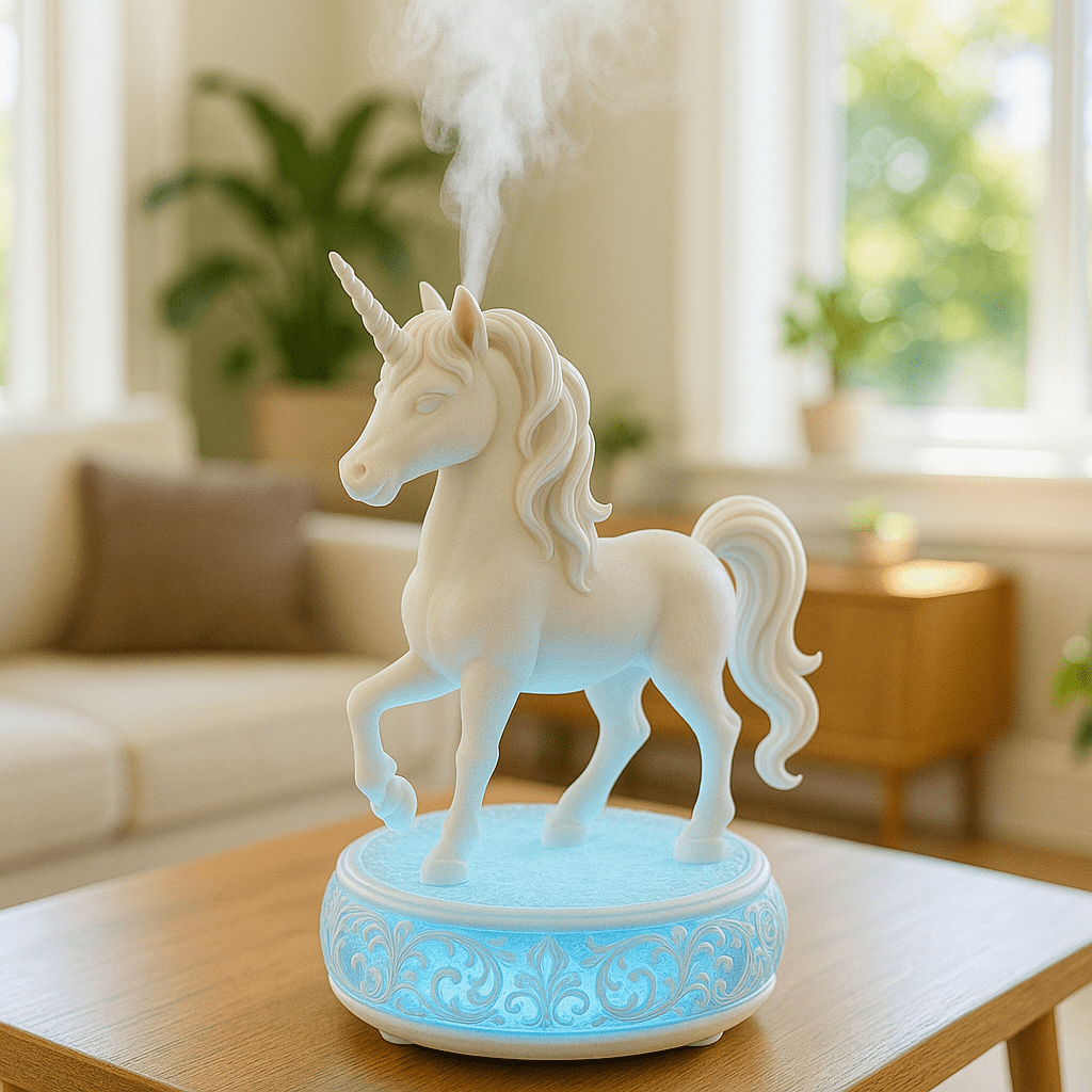 White unicorn-shaped humidifier with glowing blue base releasing steam in a modern living room.