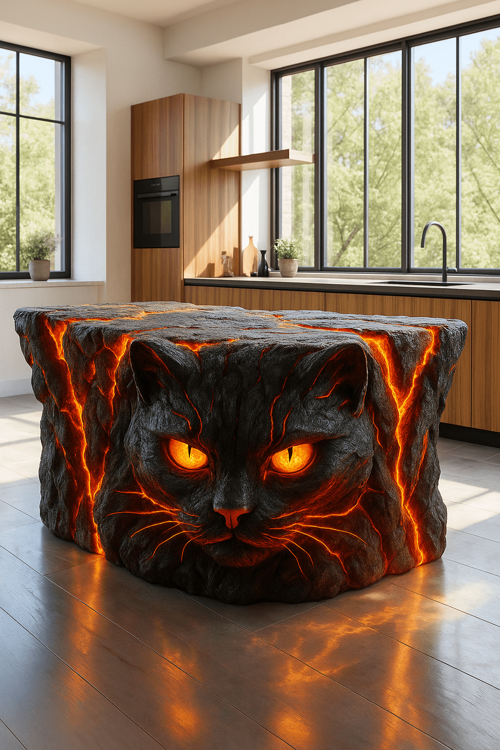 Black volcanic stone kitchen island shaped like a cat with glowing lava cracks and fiery eyes.