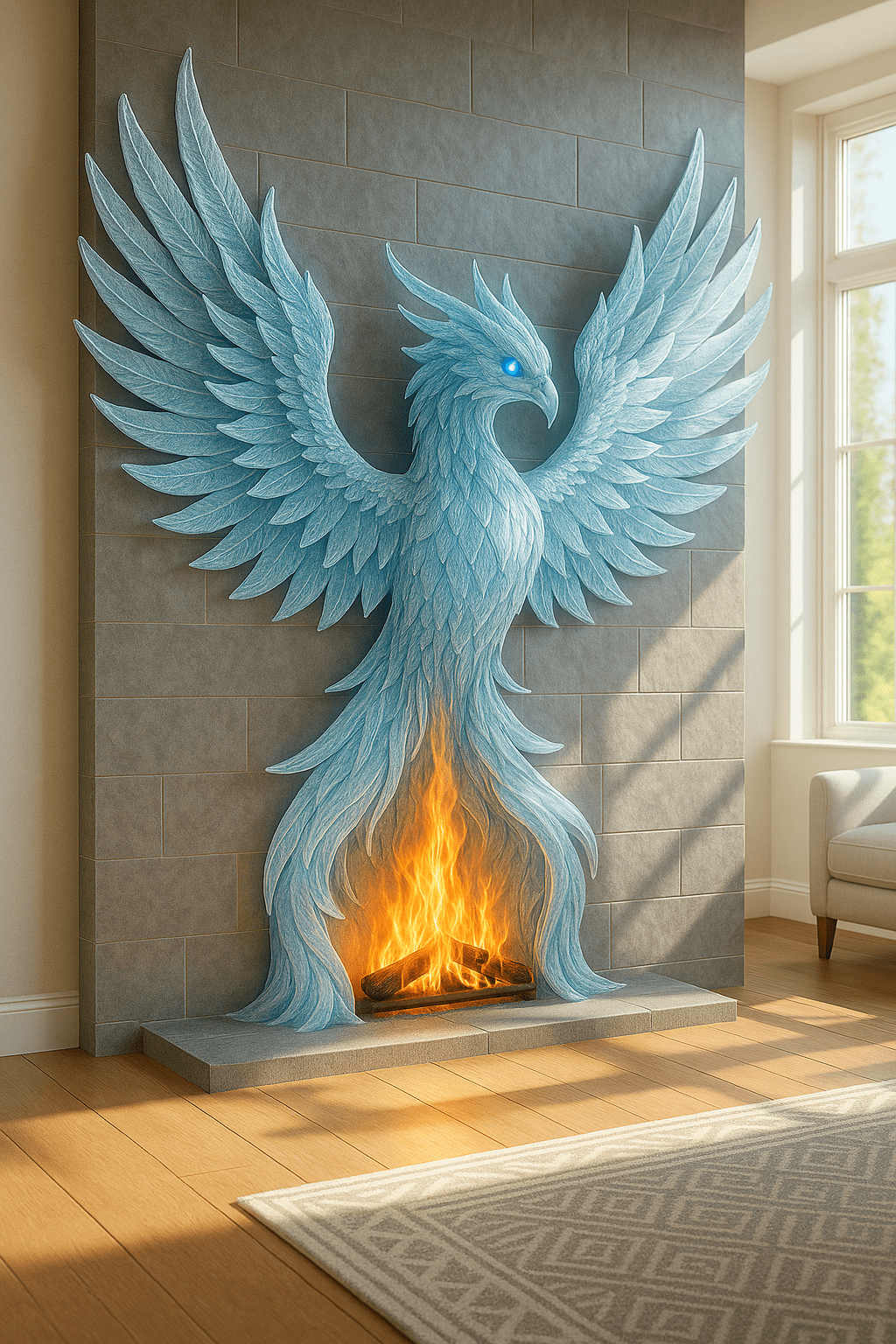 Blue phoenix fireplace with glowing eyes and flames at the base, adding mystical elegance to a modern home.