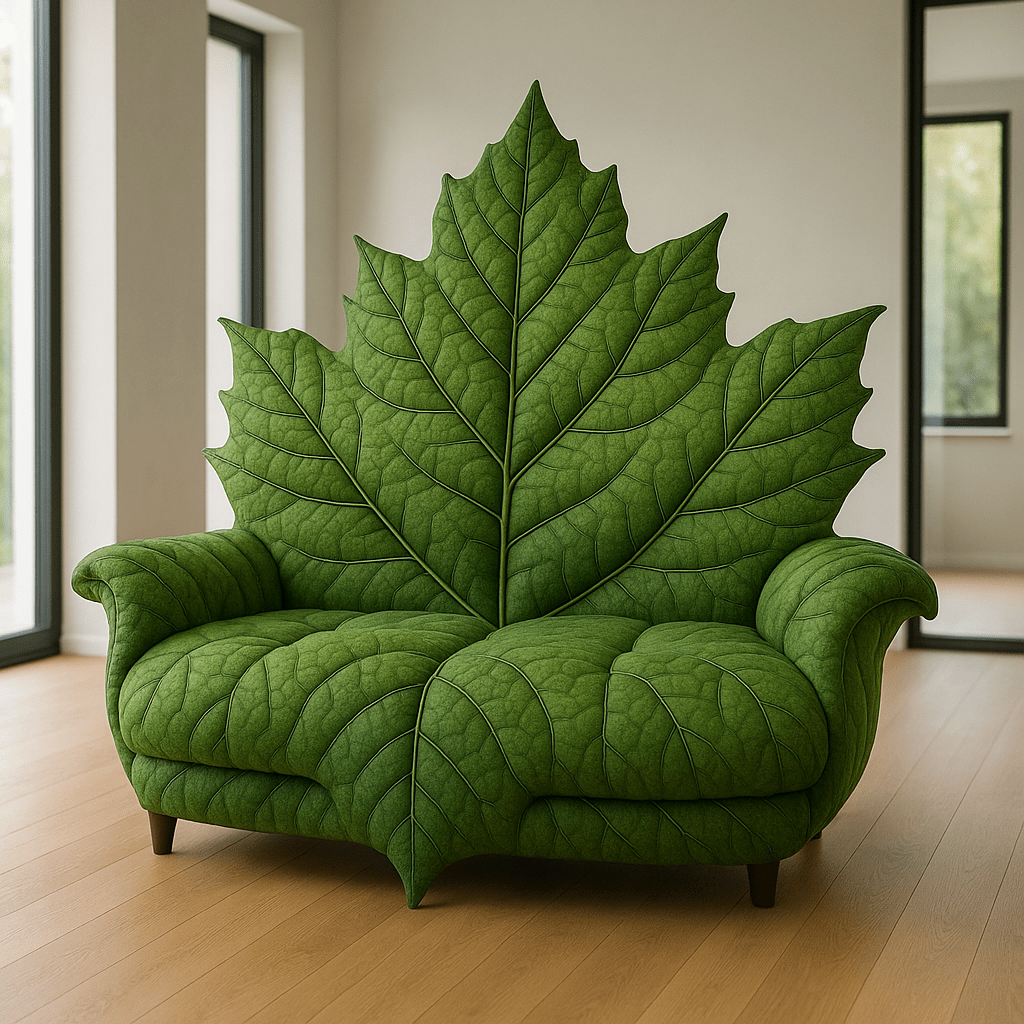 Green leaf-shaped sofa design with detailed vein textures, symbolising spring freshness in modern interior.
