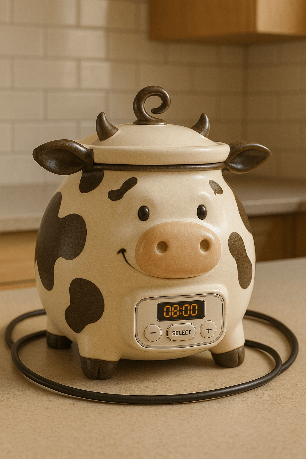 Adorable cow-shaped slow cooker with timer, perfect for farmhouse kitchen décor