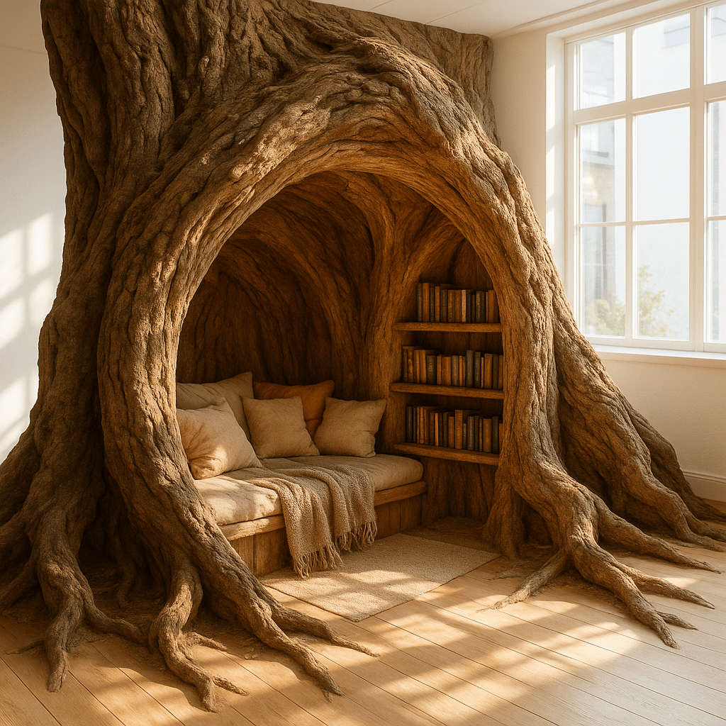 Cosy tree-shaped reading nook with shelves and cushions beside a sunlit window.