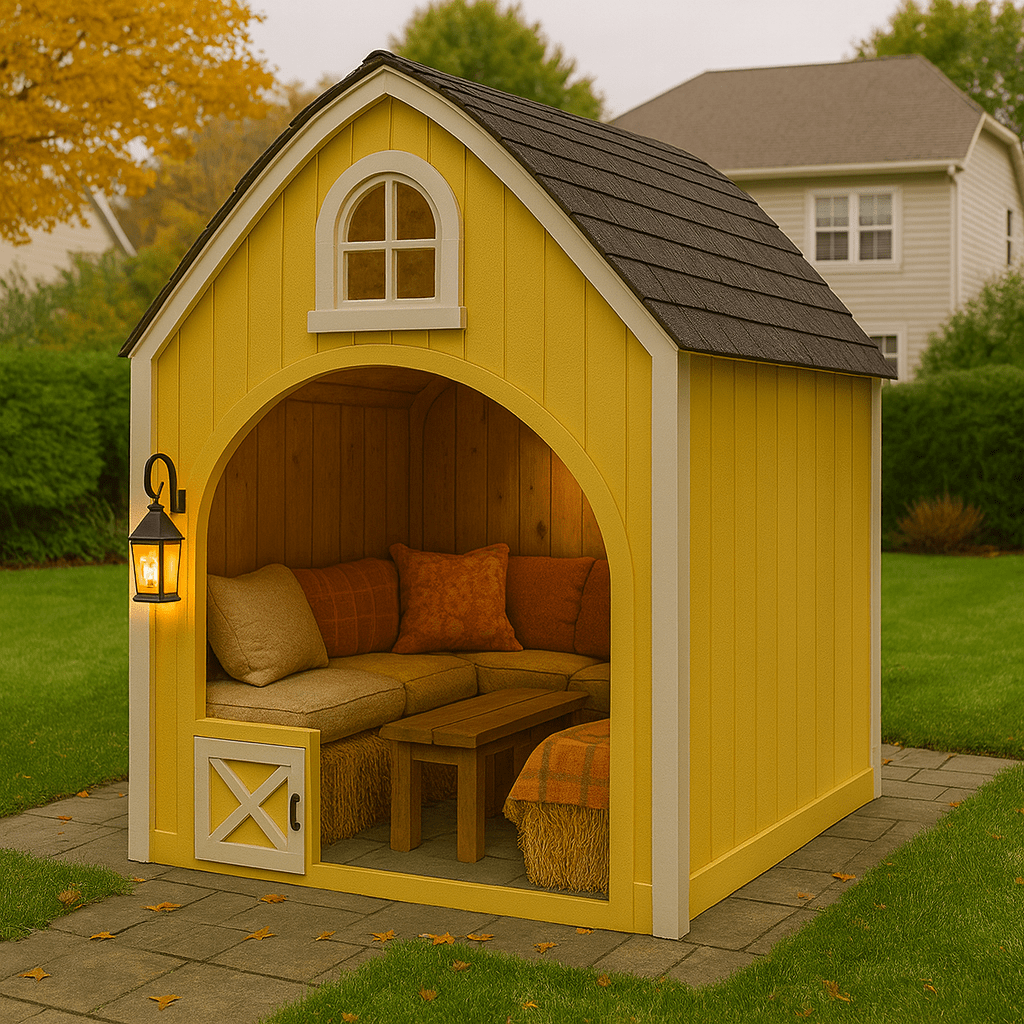 A bright yellow barn pod with cushioned seating, autumn pillows, and a lantern glowing at dusk.
