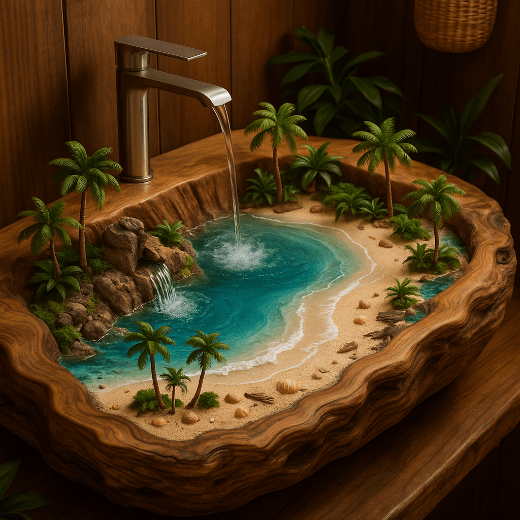 A fantasy bathroom sink designed as a tropical island with palm trees, sandy beach, and miniature waterfall.