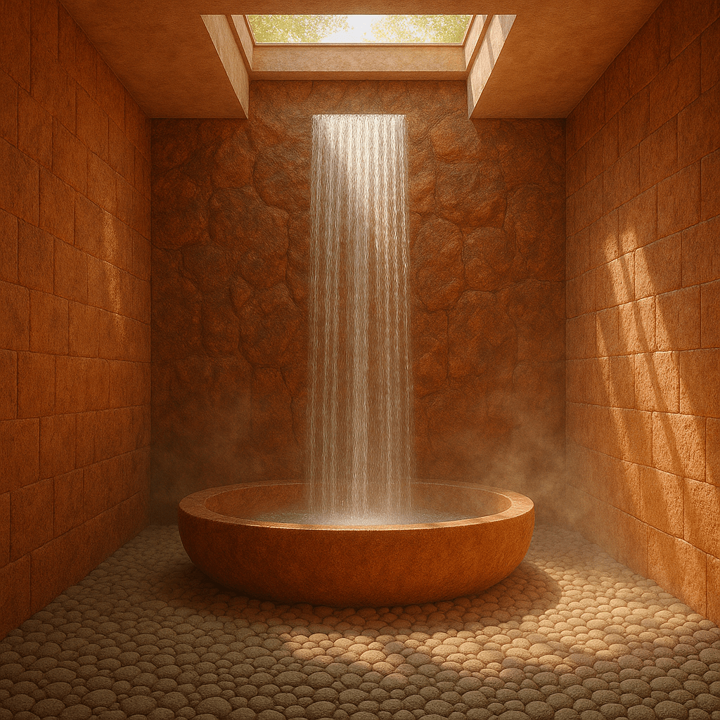 Luxurious spa featuring a round stone bath and waterfall surrounded by amber-hued stone walls
