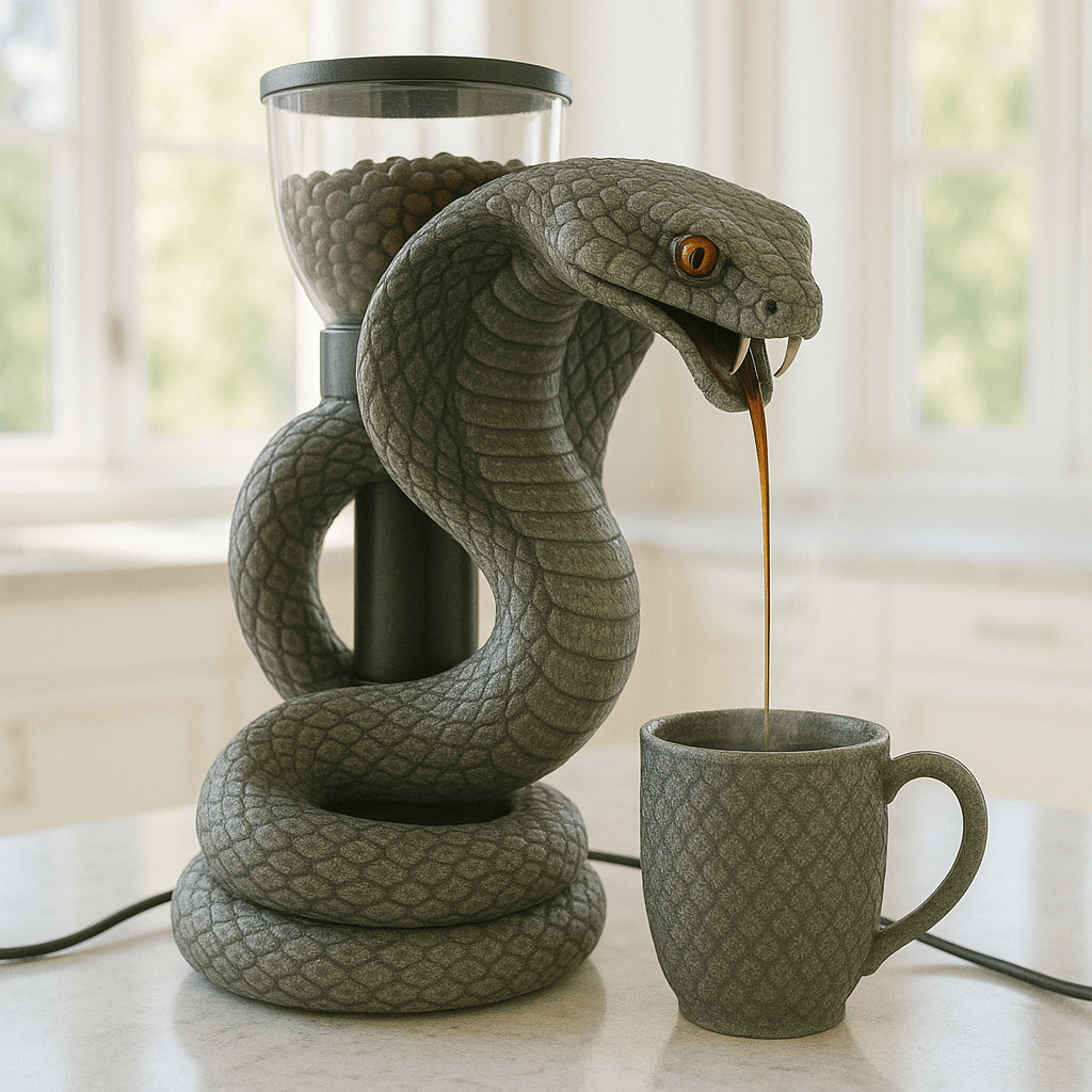 Grey cobra-shaped coffee maker pouring coffee into a scale-patterned grey mug on a marble counter.