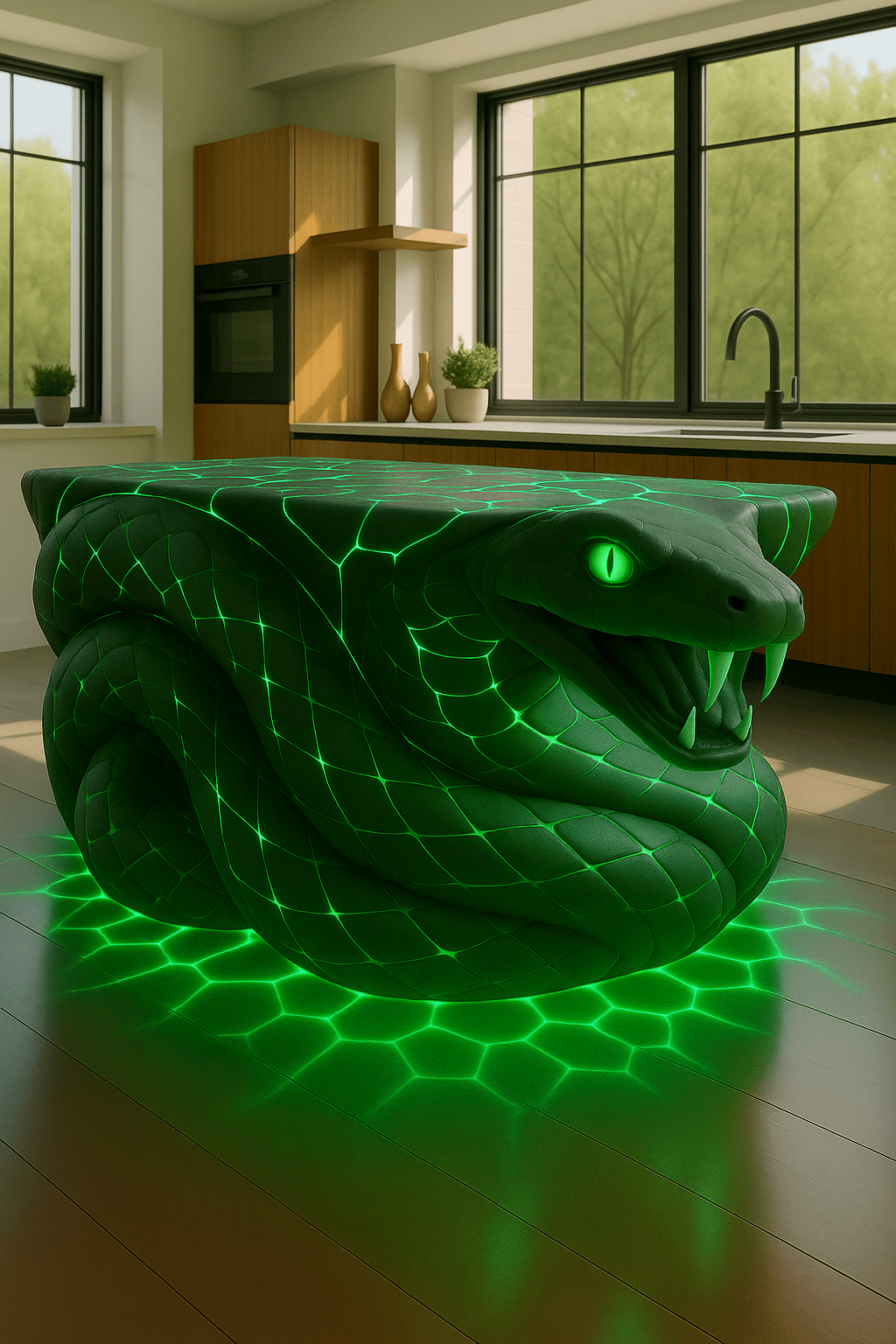 Futuristic green illuminated snake kitchen island in modern interior design.