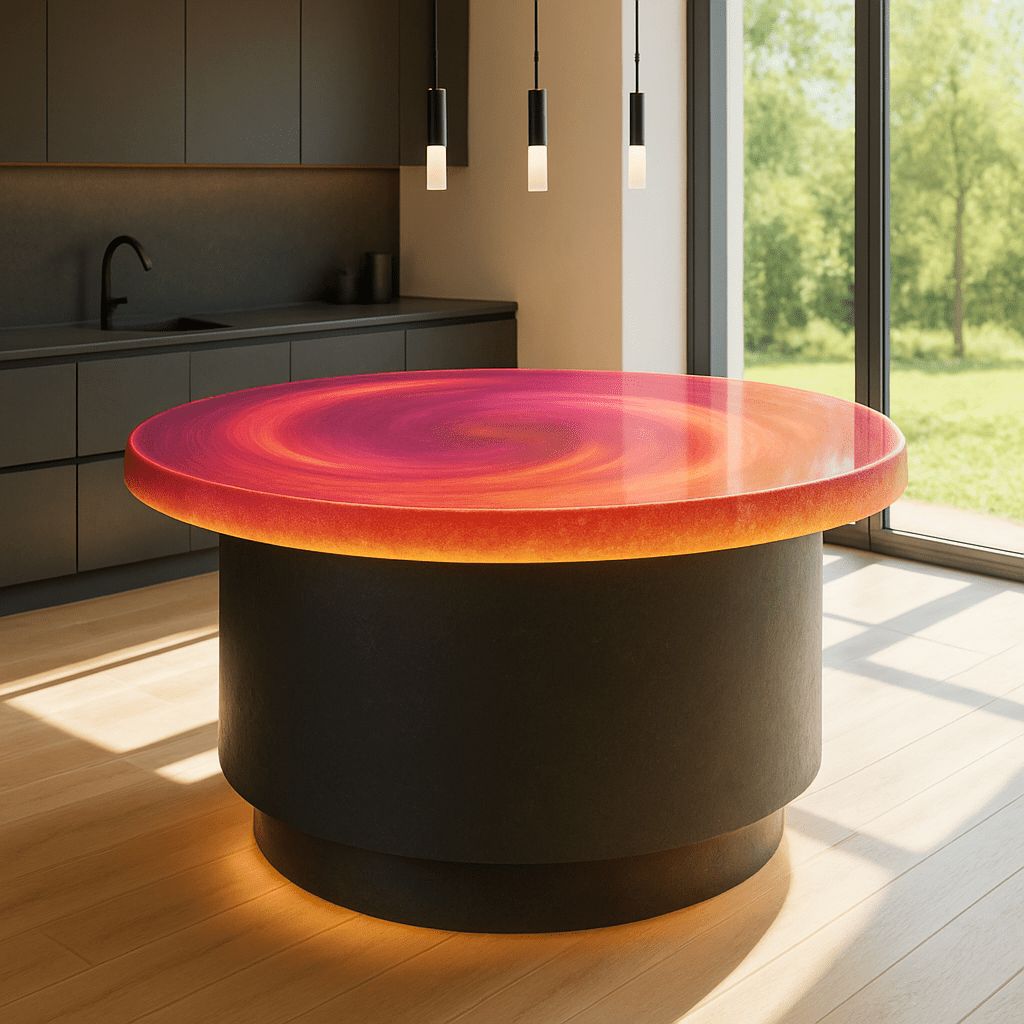 A round kitchen island glowing with swirling red and orange aurora-inspired light.