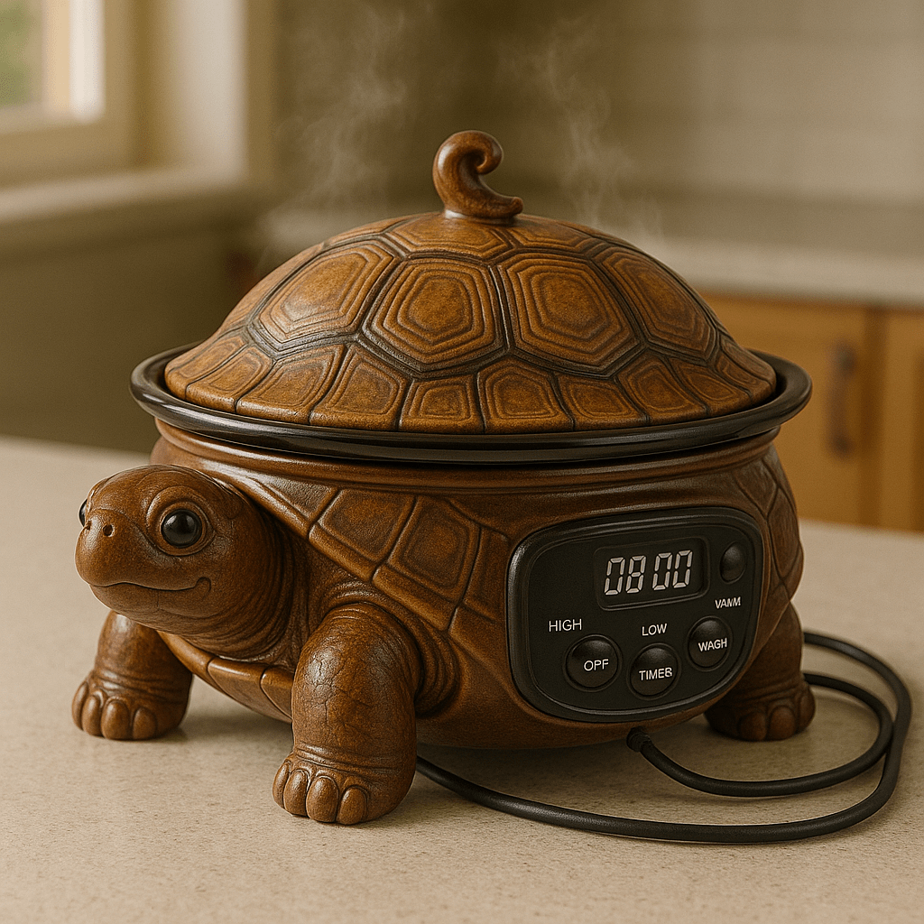 Brown turtle-shaped slow cooker with digital timer sitting on a kitchen worktop.