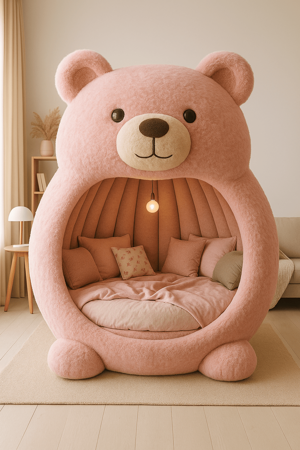 A pink bear-shaped novelty bed with matching pillows and a pendant light inside.