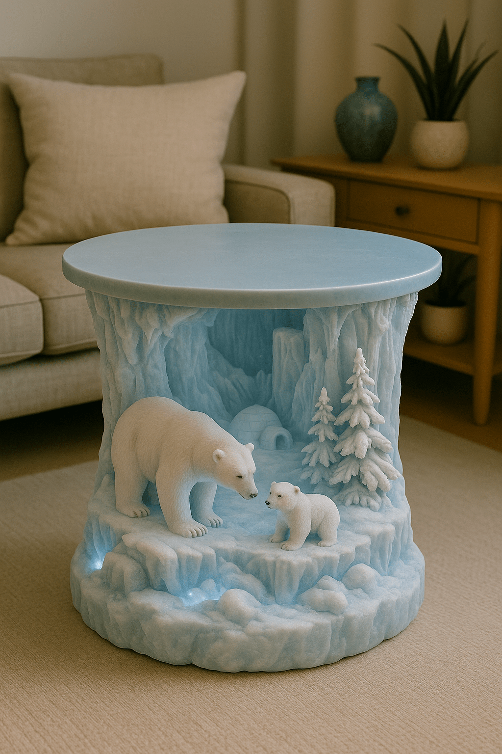 Hand-sculpted polar bear coffee table showing a mother and cub surrounded by icy scenery and gentle LED illumination.