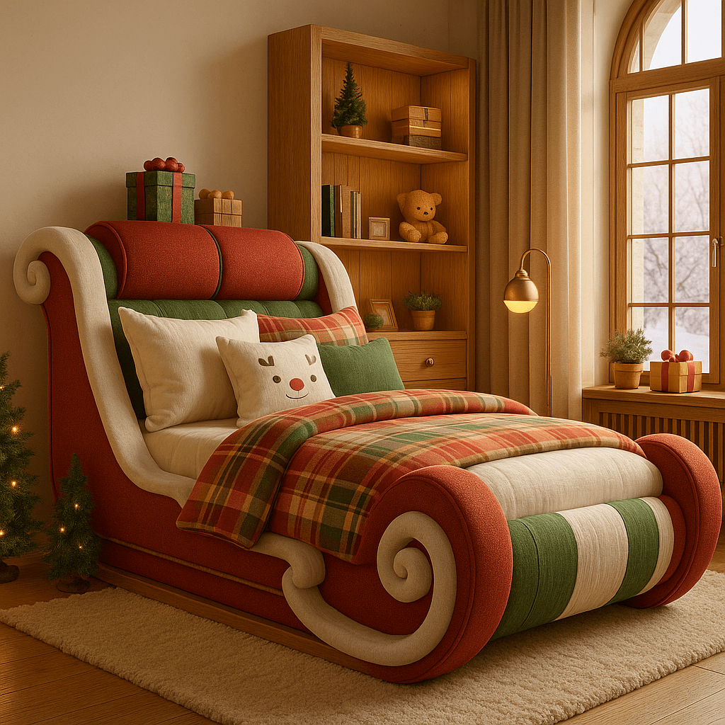 Christmas-inspired red and green sleigh bed with plaid duvet, teddy bear, and festive décor.