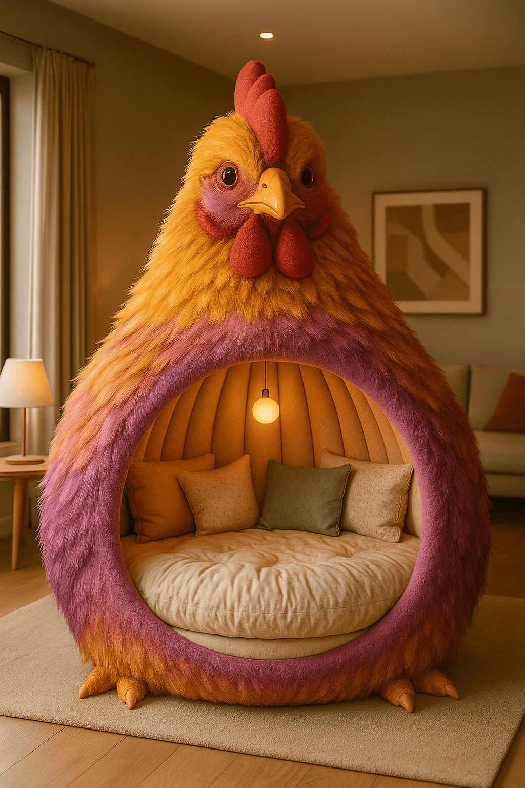 Bright orange and purple shaped novelty armchair with soft cream interior and pendant bulb lighting.