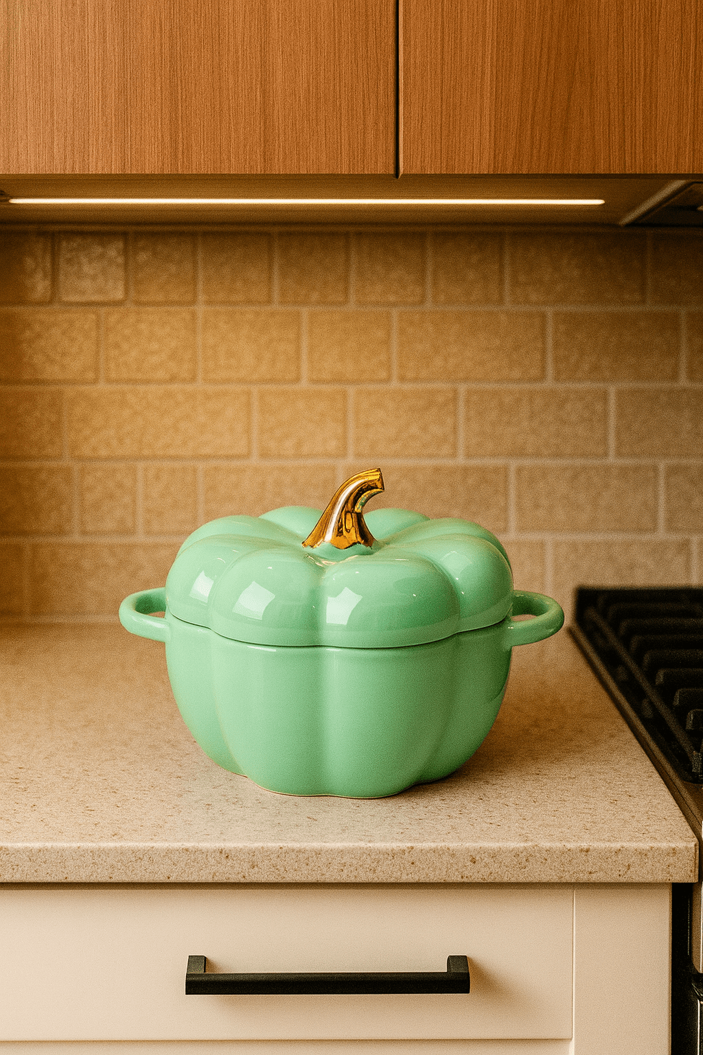 A mint green pumpkin casserole dish with a gold stem handle on a warm beige kitchen counter.
