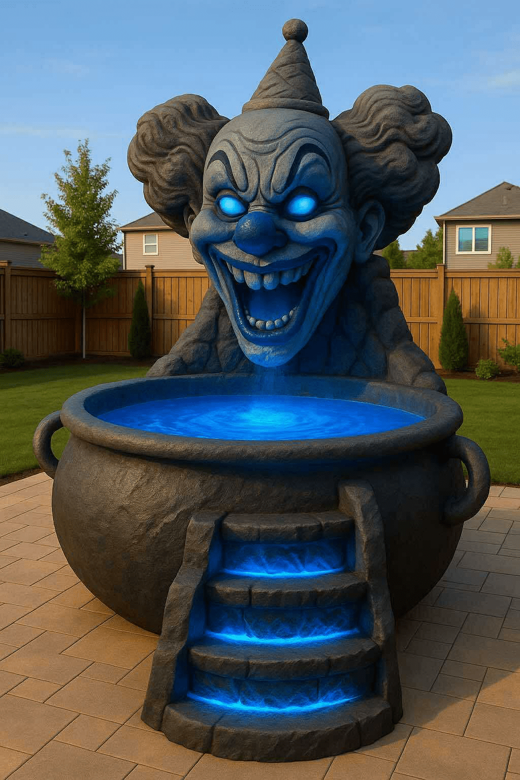 Spooky clown-themed hot tub with blue glowing water and lighted stone steps in a suburban garden.