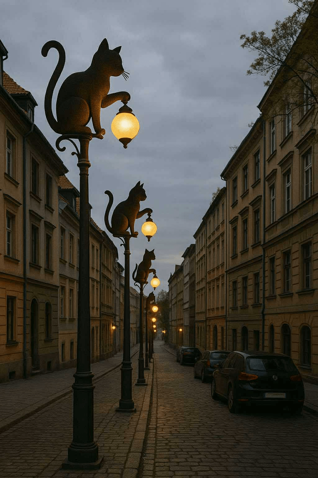 Row of cat-shaped street lamps glowing warmly along a cobbled European street at dusk.”