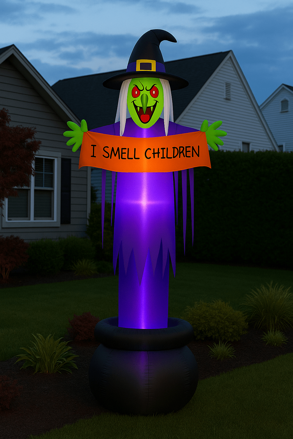 Glowing purple witch inflatable holding a sign that reads I Smell Children