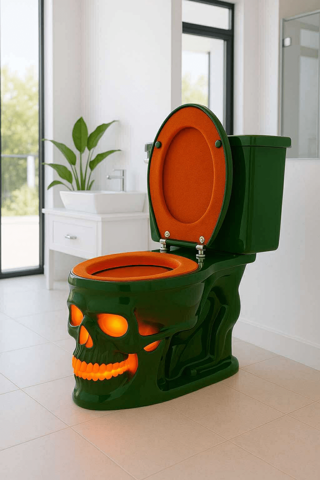A dark green skull-themed toilet with orange LED lighting in a clean, modern bathroom.