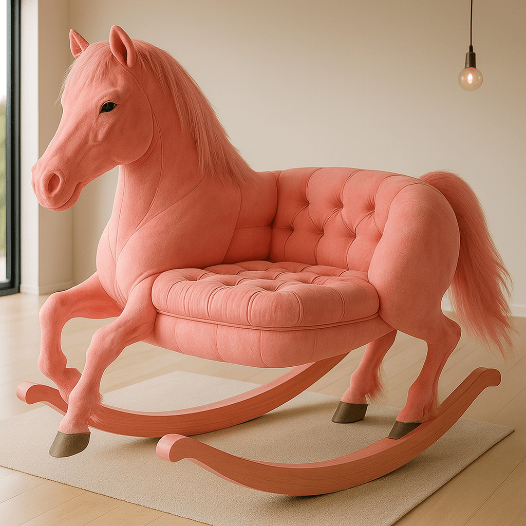 Playful coral pink horse-themed rocking sofa with wooden base and soft velvet texture.