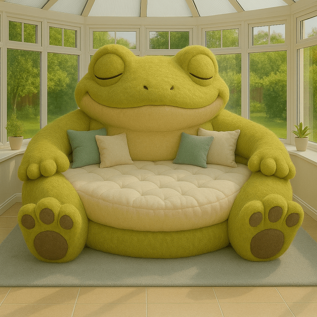 Cheerful moss green frog-shaped sofa with matching green cushions in a bright, airy room