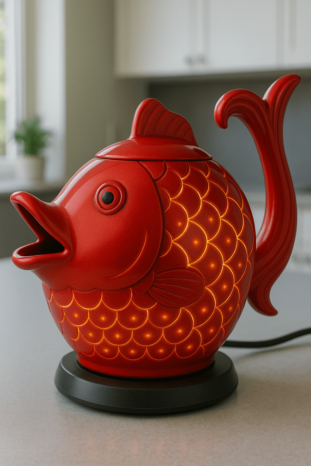 Red fish-shaped kettle with golden illuminated scales and a stylish curved tail handle.