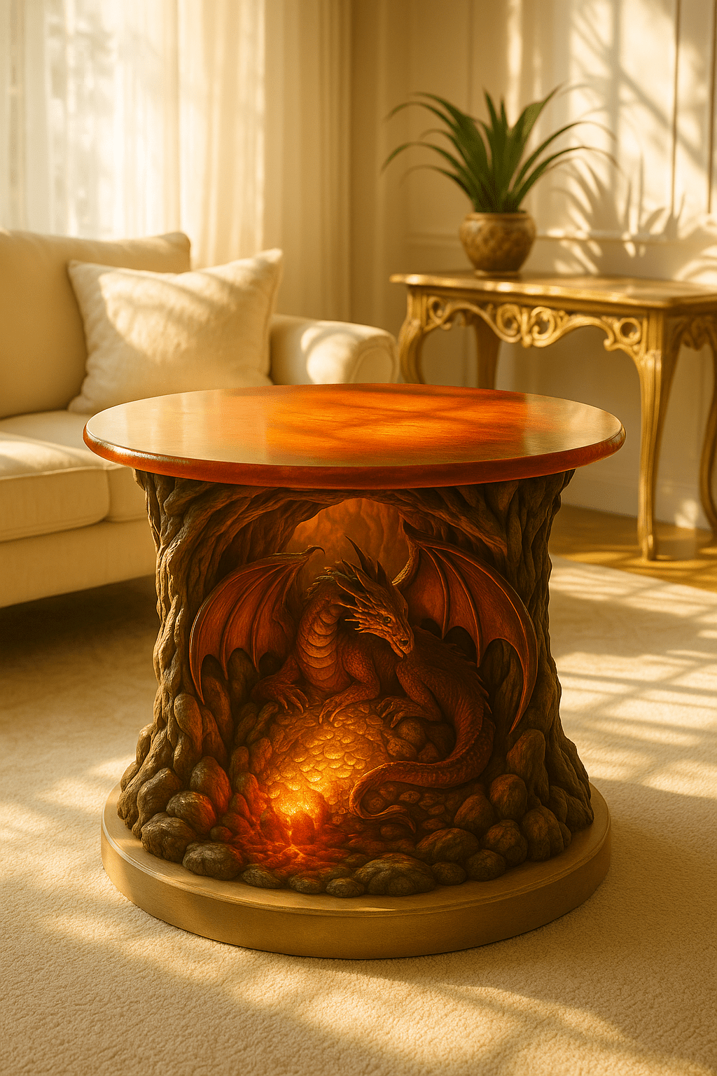 A sculpted red dragon table with a glowing treasure hoard base beneath a warm wooden tabletop