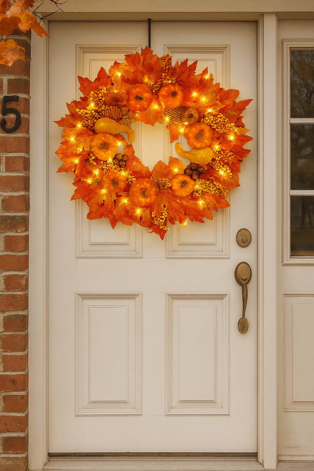 Bright orange Halloween wreath with pumpkins and glowing LED lights on a cream door.