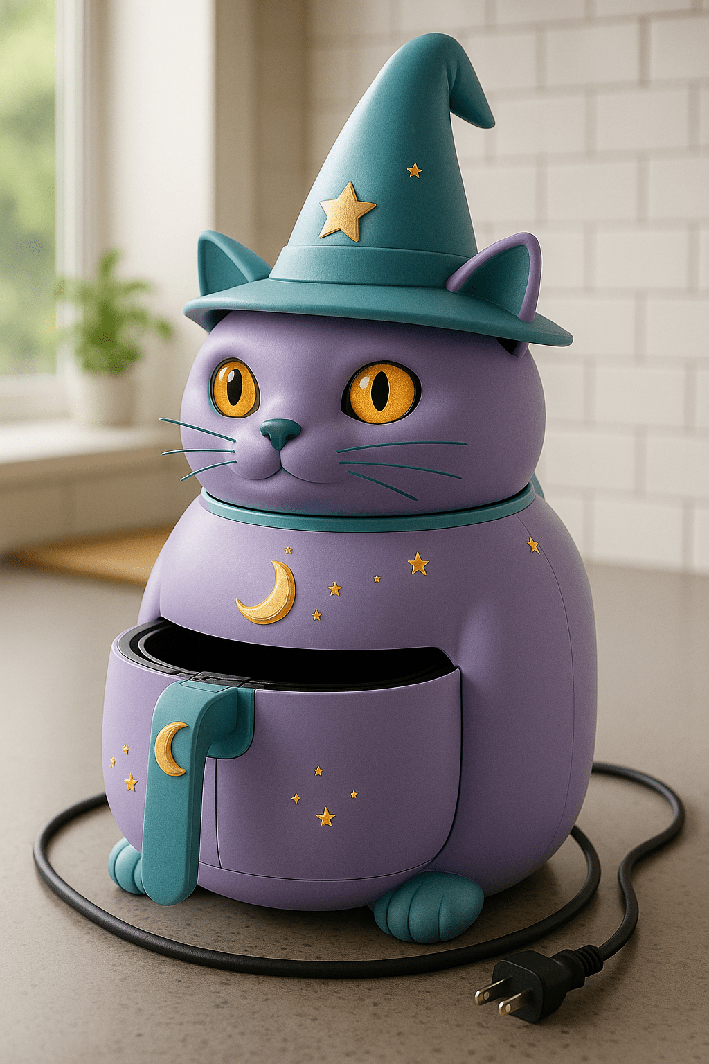 A pastel purple cat-shaped air fryer with teal accents and star decorations.