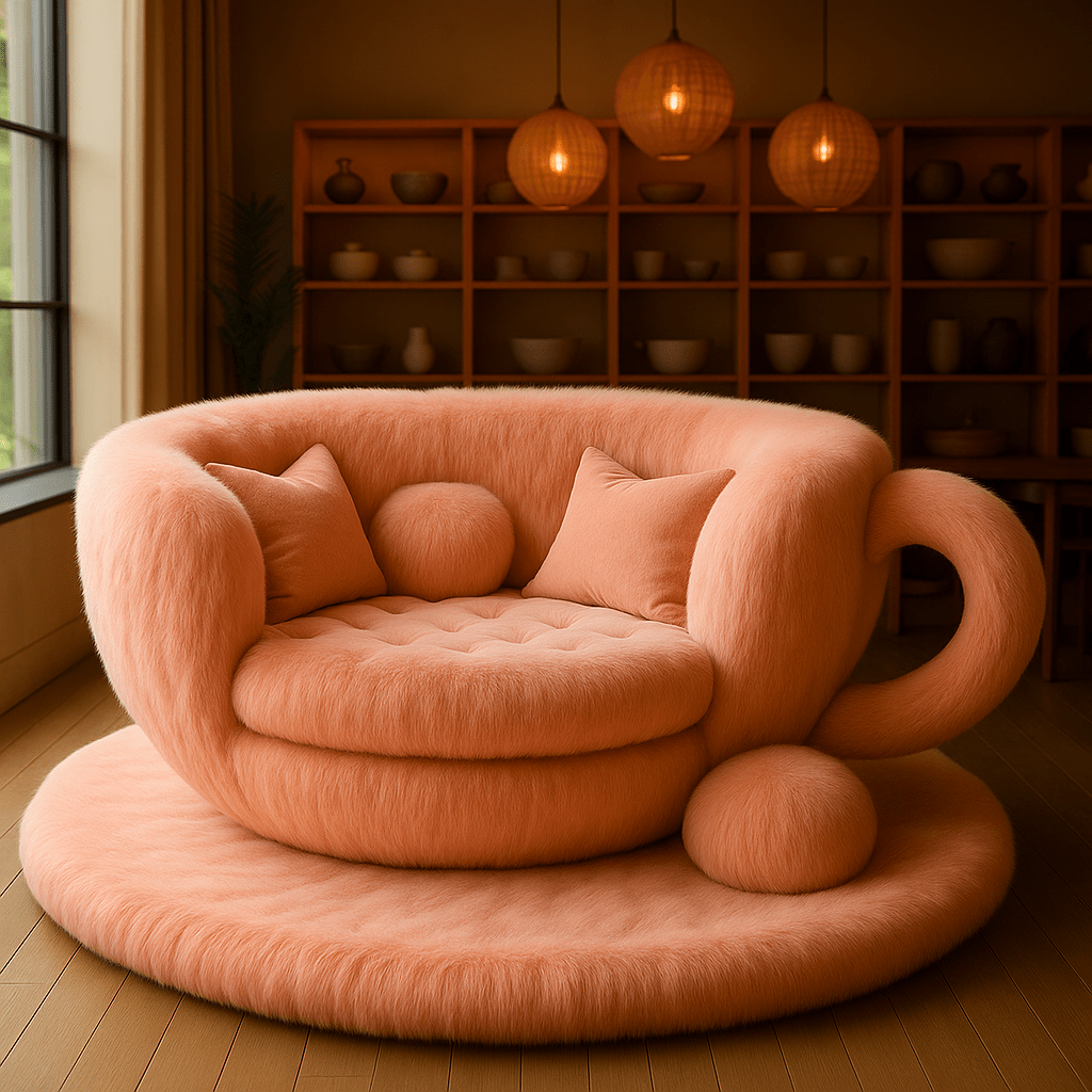 Soft peach sofa with rounded backrest and matching cushions.